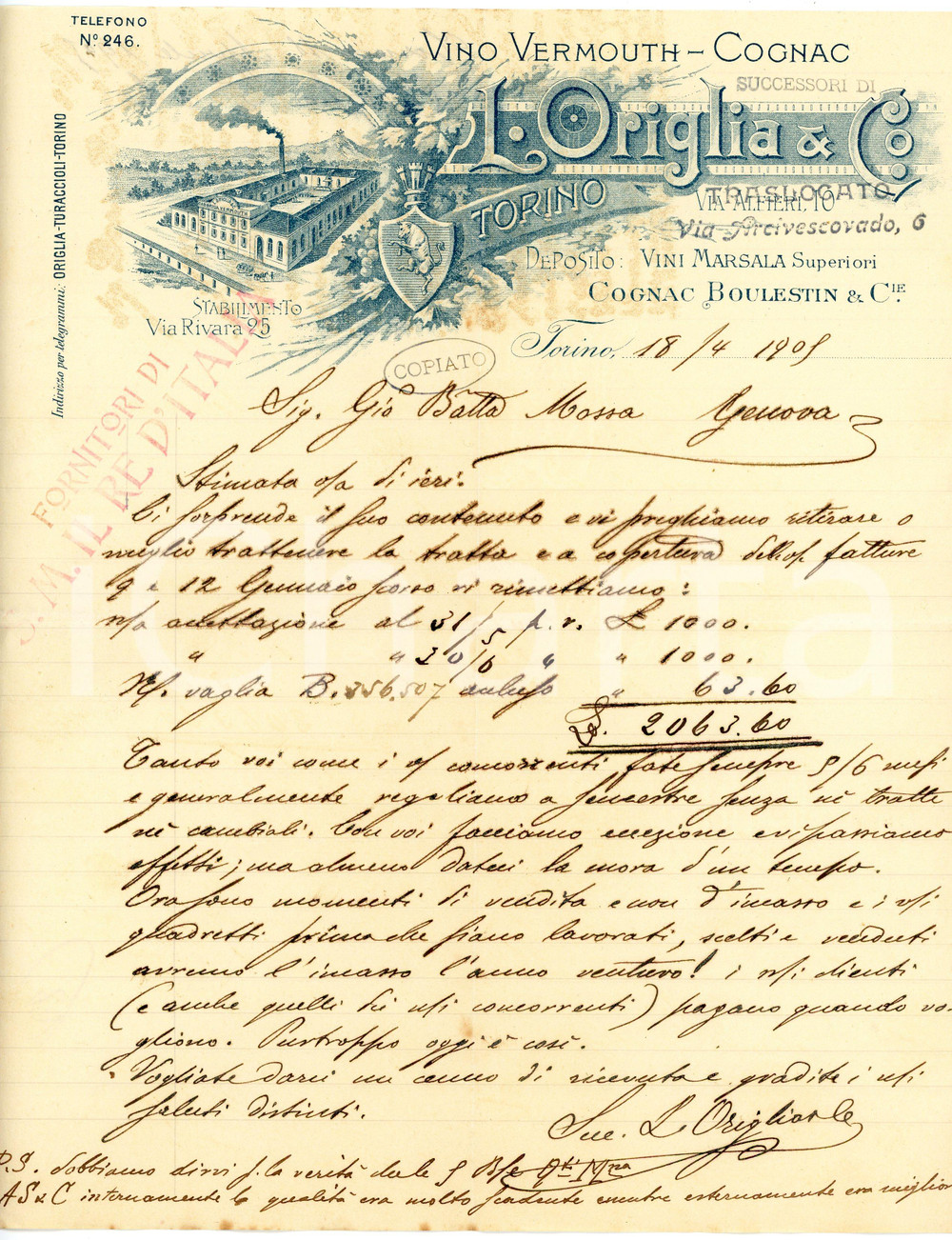 1909 TORINO - L. ORIGLIA Vino vermouth e cognac - Lettera commerciale 22x27 cm Lettera commerciale d'epoca, manoscritta, su carta intestata.Torino - via Alfieri 10  FAIR/discreto piegature d'epoca, piccoli strappi al margine sinistro Formato: 22x27 cm originale e autentica 1