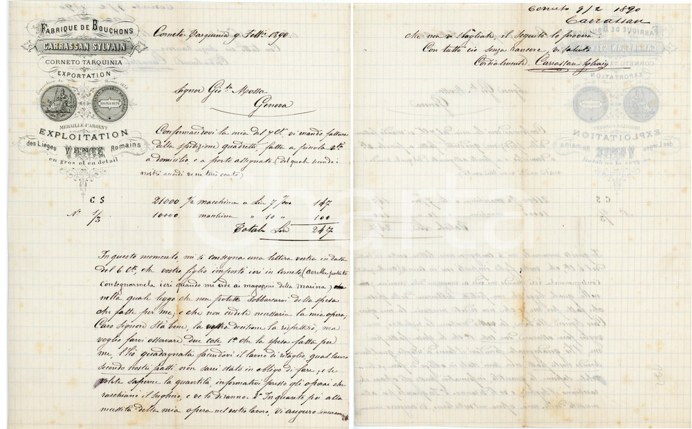 1890 TARQUINIA  - Sylvain CARRASSAN - Fabrique de Bouchons - Lettera Lettera commerciale d'epoca, manoscritta, su carta intestata illustrata.CONDIZIONI: F (piegature d'epoca, lievi fioriture)PAGINE: 1 (2 facciate scritte)    originale e autentica 1