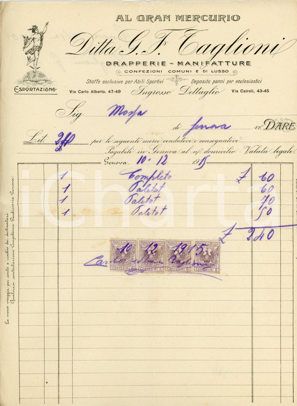 1915 GENOVA - Ditta G. F. TAGLIONI via C. Alberto 47-49 - Drapperie *Fattura Fattura commerciale d'epoca, manoscritta, su carta intestata illustrata.CONDIZIONI: P (piegature d'epoca, piccoli strappi ai lati, mancanza al lato sinistro)PAGINE: 1    originale e autentica 1