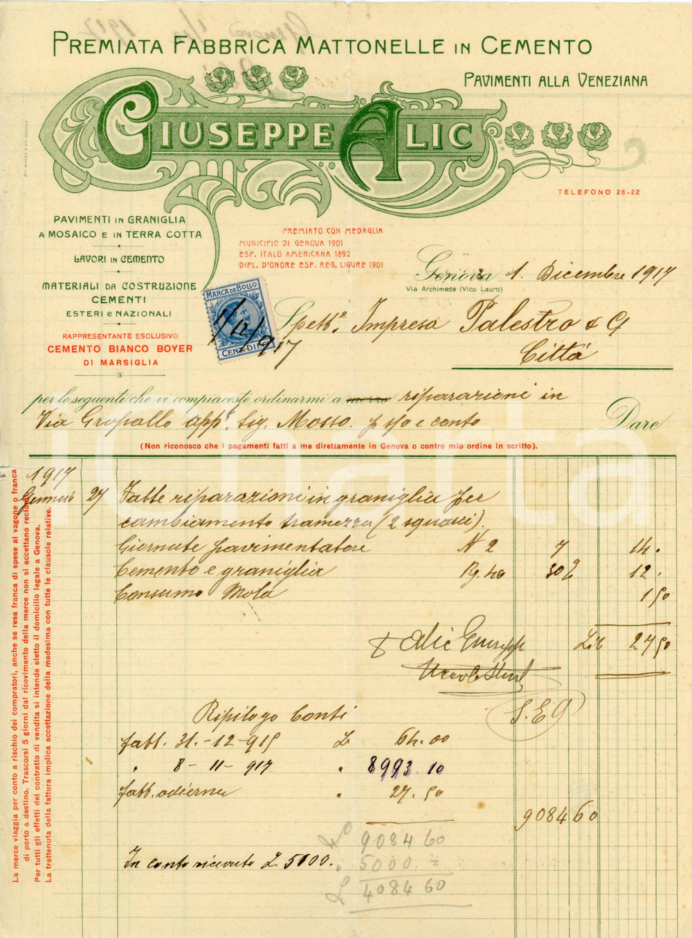 1917 GENOVA - Giuseppe ALIC via Archimede - Pavimenti alla veneziana *Fattura Fattura commerciale d'epoca, manoscritta, su carta intestata illustrata.CONDIZIONI: P (piegature d'epoca, piccoli strappi ai lati)PAGINE: 1    originale e autentica 1