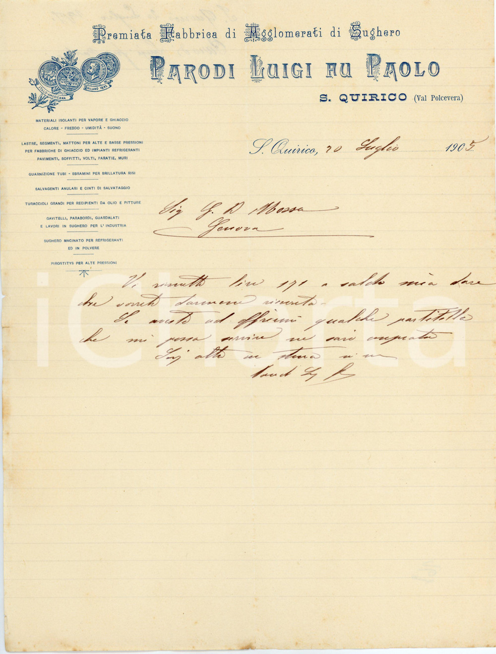 1905 VALPOLCEVERA (GE) - Luigi PARODI fu Paolo - Fabbrica di sughero *Lettera Lettera commerciale d'epoca, manoscritta, su carta intestata.CONDIZIONI: F (piegature d'epoca, piccoli strappi al lato sinistro)PAGINE: 1    originale e autentica 1