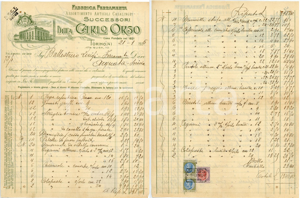 1926 TORINO - Carlo ORSO via Susa 10 - Fabbrica ferramenta * Fattura Fattura commerciale d'epoca, manoscritta, su carta intestata illustrata.CONDIZIONI: F (piegature d'epoca, piccoli fori con tracce di ruggine all'angolo superiore e inferiore sinsitro)PAGINE: 1 (2 facciate scritte)    originale e autentica 1