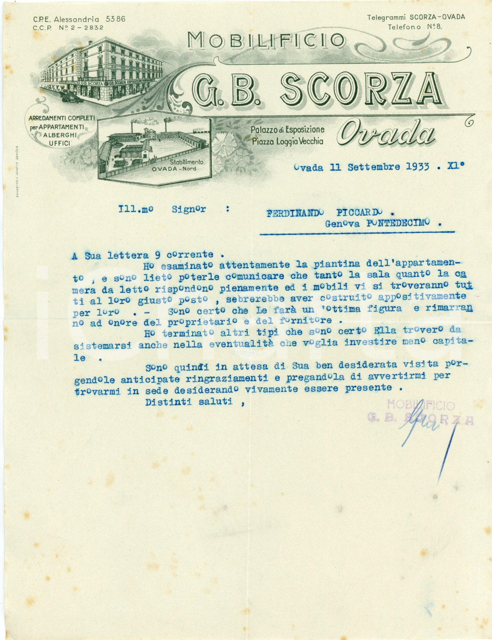 1933 OVADA (AL) - G.B. SCORZA piazza Loggia Vecchia - Mobilificio - Lettera Lettera commerciale d'epoca, dattiloscritta, su carta intestata illustrata.CONDIZIONI: F (piegature d'epoca, fioriture e macchie diffuse)PAGINE: 1    originale e autentica 1