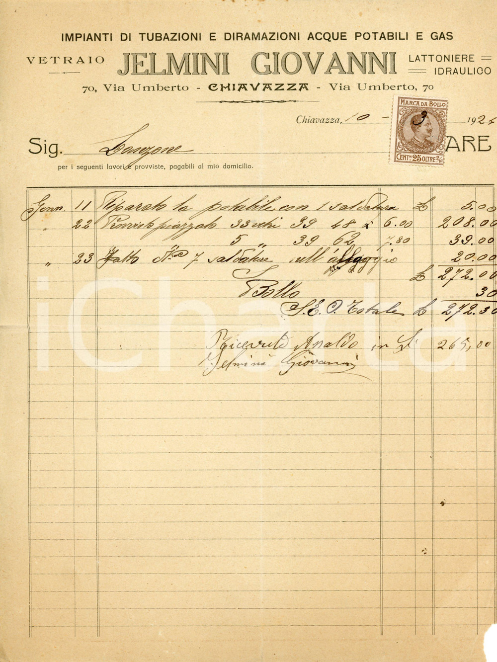 1924 CHIAVAZZA/BIELLA - Giovanni JELMINI via Umberto 70 - Lattoniere  *Fattura Fattura commerciale d'epoca, manoscritta, su carta intestata.CONDIZIONI: P (piegature d'epoca, evidenti strappi al lato destro e inferiore, mancanza all'angolo inferiore destro)PAGINE: 1    originale e autentica 1