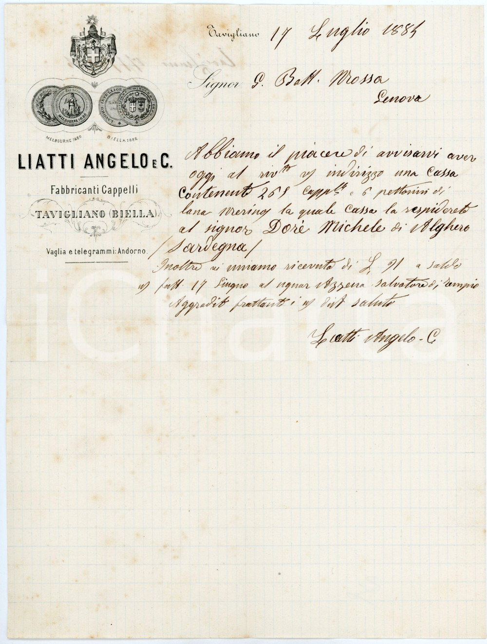 1884 TAVIGLIANO (BIELLA) - LIATTI Angelo & C. - Fabbricanti cappelli - Lettera Lettera commerciale d'epoca, manoscritta, su carta intestata illustrata.CONDIZIONI: F (piegature d'epoca, fioriture diffuse)PAGINE: 1    originale e autentica 1