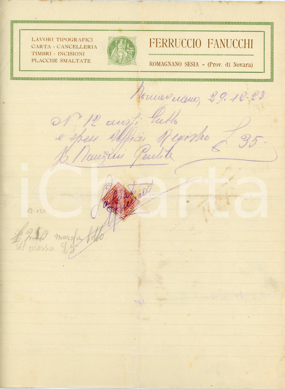 1923 ROMAGNANO SESIA (NO) Ferruccio FANUCCHI - Tipografia, cancelleria *Fattura Fattura commerciale d'epoca, manoscritta, su carta intestata illustrata.CONDIZIONI: P (piegature d'epoca, lieve ingiallimento lungo la linea di piegatura, piccoli strappi ai lati)PAGINE: 1   originale e autentica 1