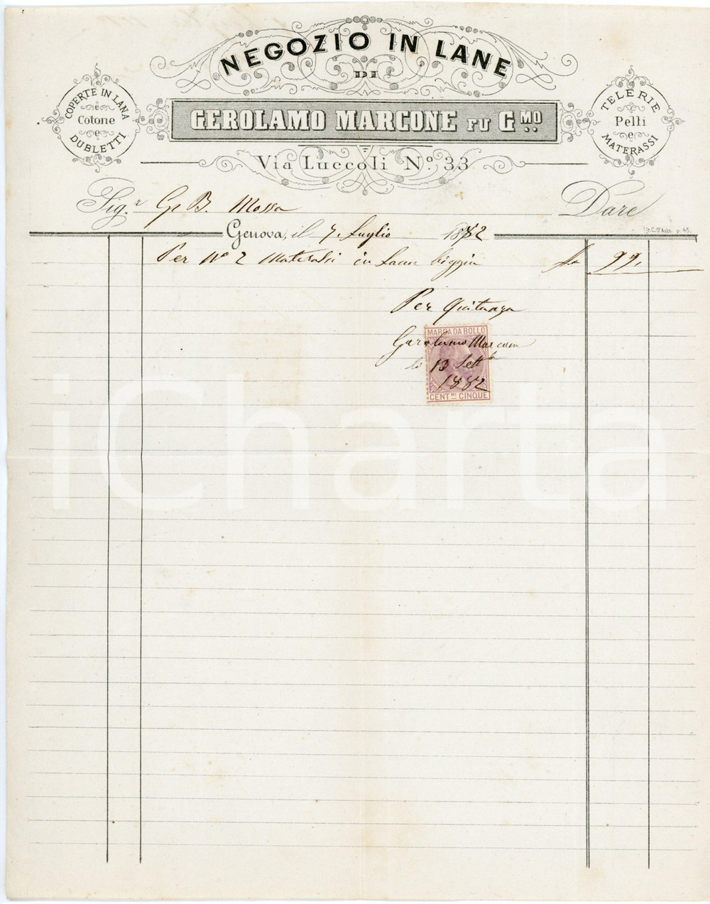 1882 GENOVA - Gerolamo MARCONE fu G.mo via Luccoli 33 - Negozio in lane *Fattura Fattura commerciale d'epoca, manoscritta, su carta intestata.CONDIZIONI: F (piegature d'epoca)PAGINE: 1    originale e autentica 1