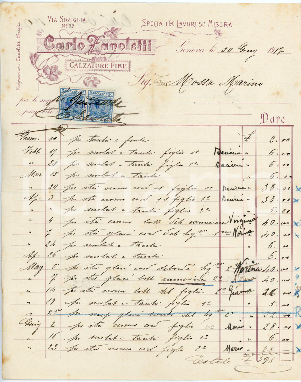 1917 GENOVA - Carlo ZANOLETTI via Soziglia 77 - Calzature fine - Fattura Fattura commerciale d'epoca, manoscritta, su carta intestata.CONDIZIONI: P (piegature d'epoca, fioriture diffuse all'angolo superiore sinsitro e lungo la linea di piegatura, piccola macchia all'angolo inferiore sinistro)PAGINE: 1    originale e autentica 1