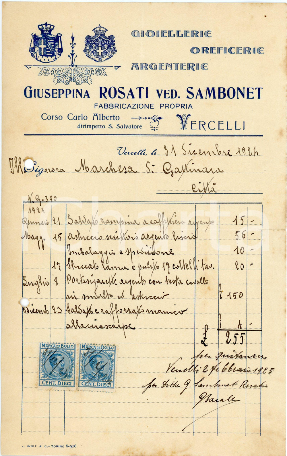 1924 VERCELLI - Giuseppina ROSATI ved. SAMBONET - Gioiellerie - Fattura Fattura commerciale d'epoca, manoscritta, su carta intestata illustrata.Vercelli - corso Carlo Alberto.CONDIZIONI: VP (piegature d'epoca, fori da classificatore al lato sinistro, strappo al lato destro, macchie e fioriture evidenti)PAGINE: 1    originale e autentica 1