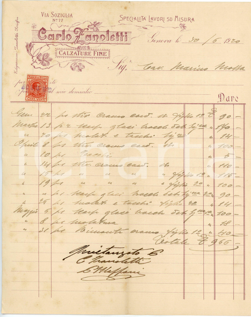 1920 GENOVA - Carlo ZANOLETTI via Soziglia 77 - Calzature fine - Fattura Fattura commerciale d'epoca, manoscritta, su carta intestata.CONDIZIONI: F (piegature d'epoca, lievi fioriture)PAGINE: 1    originale e autentica 1