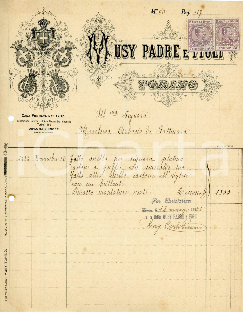 Documento originale, autentico 1925 TORINO  MUSY PADRE & FIGLI  Gioielleria  Fattura 1