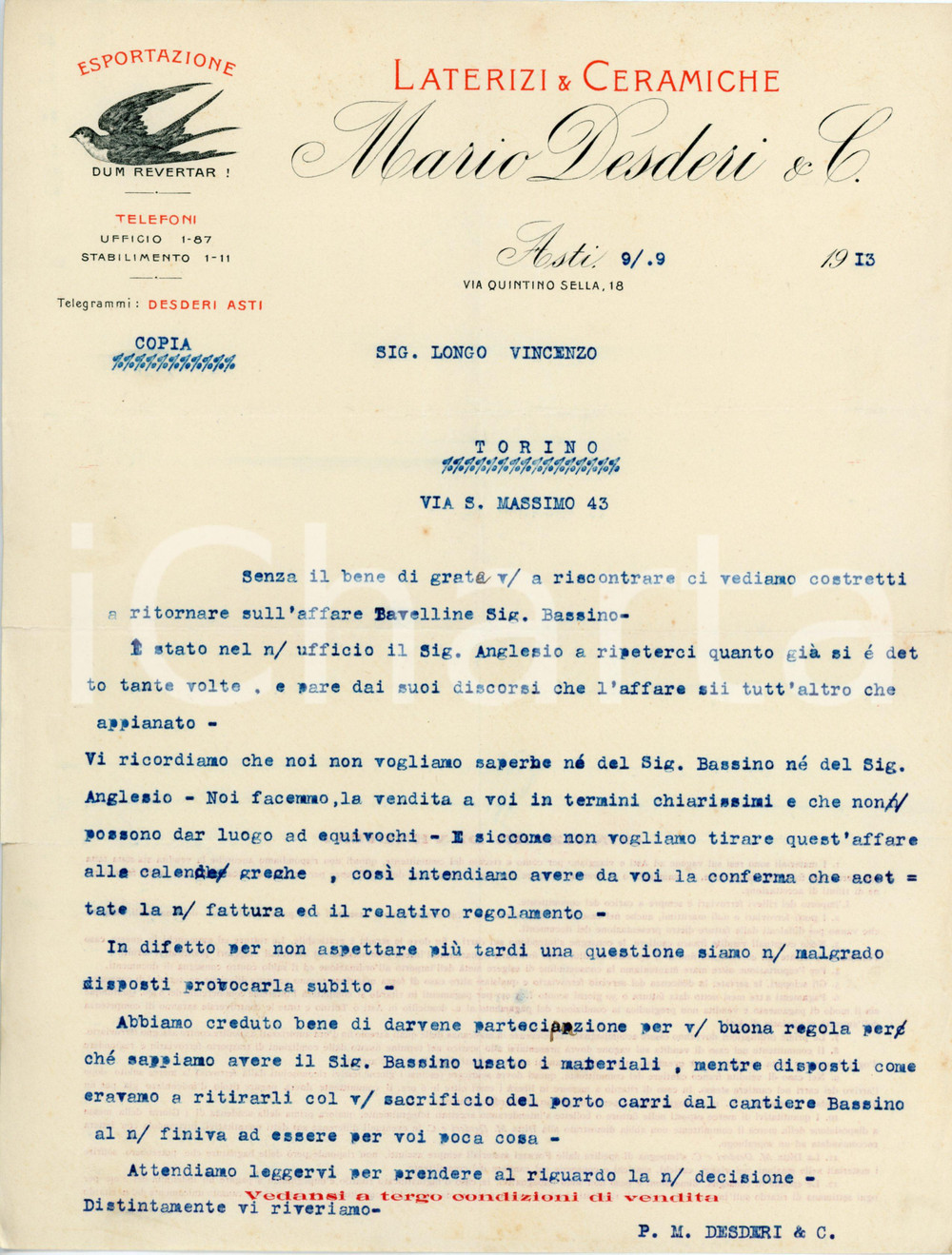 1913 ASTI - Mario DESDERI & C. via Q. Sella 18 - Laterizi e Ceramiche *Lettera Lettera commerciale d'epoca, dattiloscritta, su carta intestata illustrata.CONDIZIONI: F (piegature d'epoca, piccoli strappi al lato sinistro e destro)PAGINE: 1    originale e autentica 1