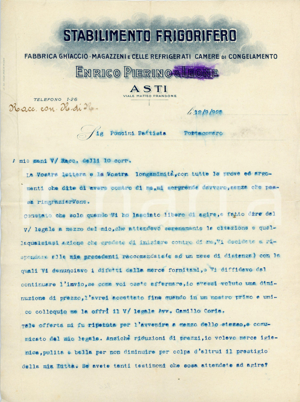 1925 ASTI - Enrico PIERINO viale Matteo Prandone - Fabbrica di ghiaccio *Lettera Lettera commerciale d'epoca, dattiloscritta, su carta intestata.CONDIZIONI: P (piegature d'epoca, piccolo strappo al lato destro, sbavatura dell'inchiostro)PAGINE: 1    originale e autentica 1