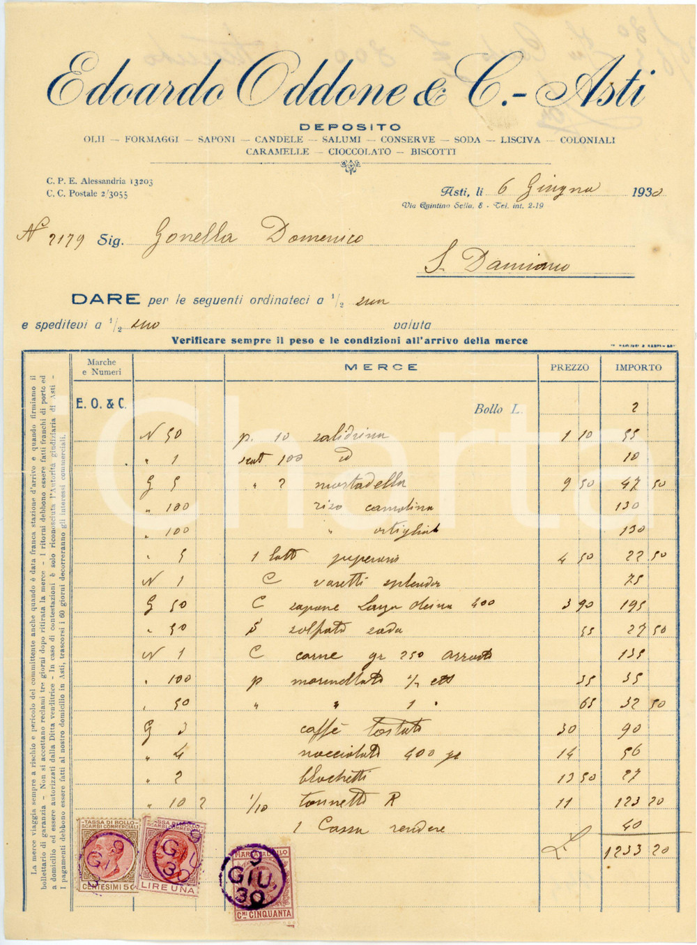 1930 ASTI - Edoardo ODDONE & C. via Quintino Sella 8 -Deposito conserve *Fattura Fattura commerciale d'epoca, manoscritta, su carta intestata.CONDIZIONI: F (piegature d'epoca, piccolo strappo al lato destro)PAGINE: 1     originale e autentica 1