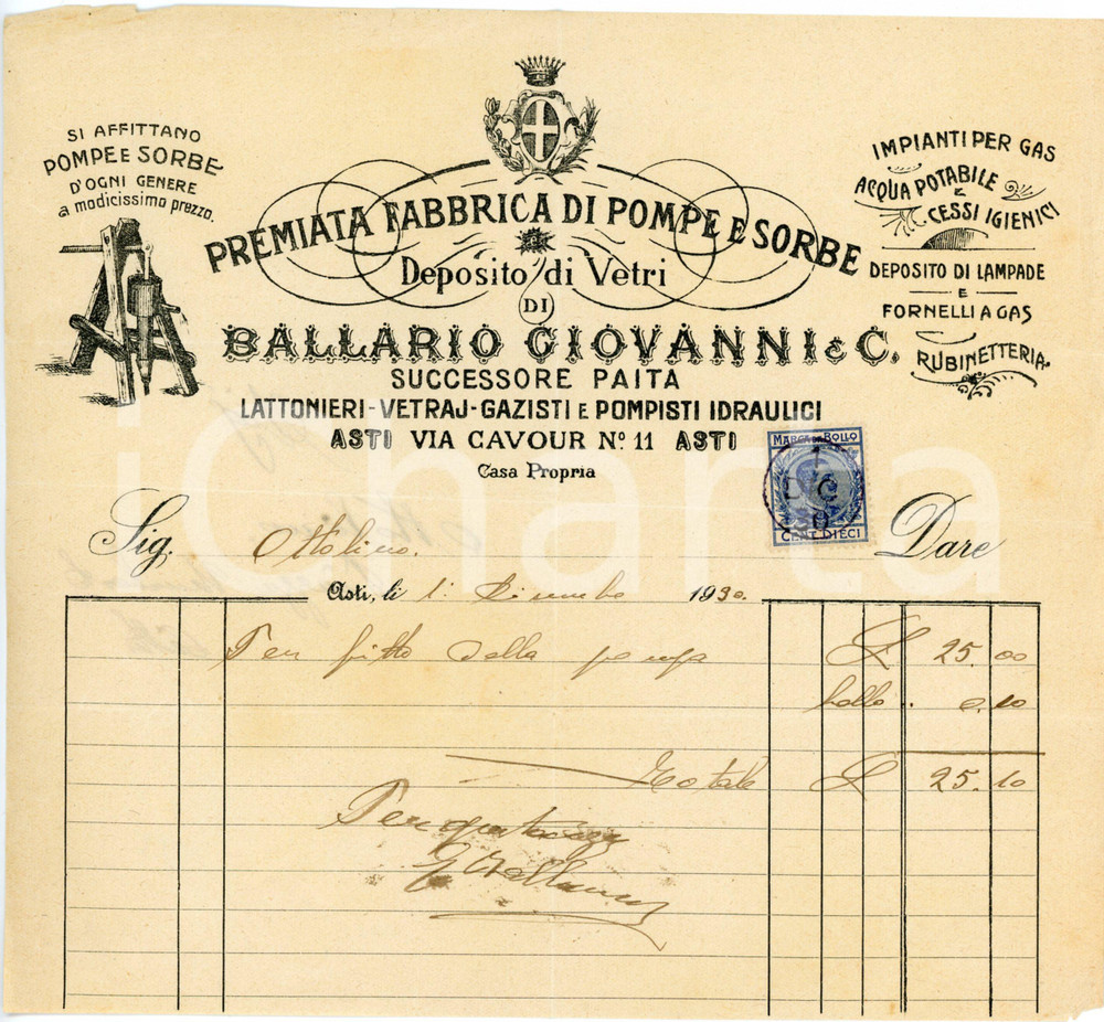 1930 ASTI - Giovanni BALLARIO & C. - Fabbrica sorbe, deposito vetri - Fattura Fattura commerciale d'epoca, manoscritta, su carta intestata illustrata.Asti - via Cavour, 11.CONDIZIONI: F (piegature d'epoca, piccoli strappi al lati)PAGINE: 1    originale e autentica 1