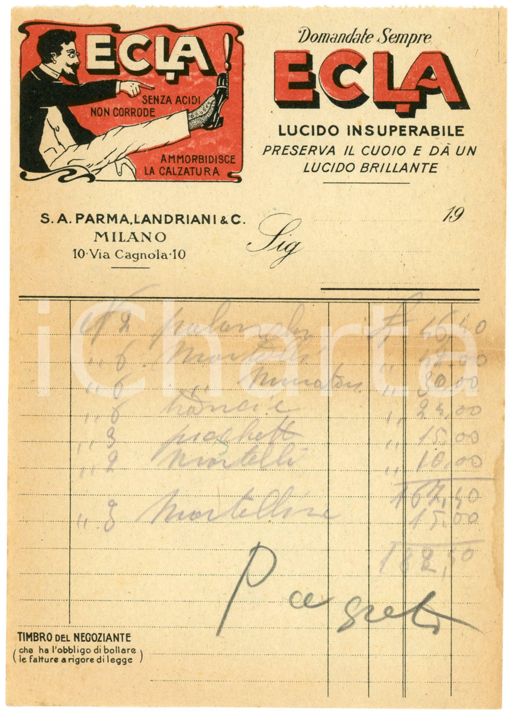 1920 ca. MILANO - ECLA via Cagnola 10 - Lucido da scarpe - Fattura Fattura commerciale d'epoca, manoscritta, su carta intestata illustrata.CONDIZIONI: F (piegature d'epoca, tracce di umidit&agrave; al lato destro)PAGINE: 1    originale e autentica 1