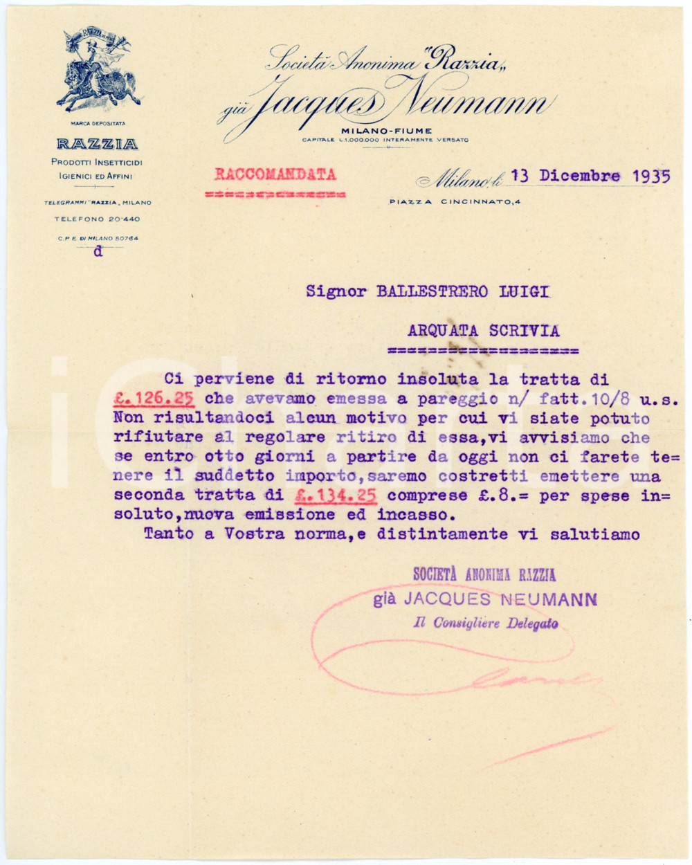 1935 MILANO -- S.A "Razzia" già Jacques NEUMANN piazza Cincinnato - Insetticidi Lettera commerciale d'epoca, dattiloscritta, su carta intestata illustrata.CONDIZIONI: F (piegature d'epoca).PAGINE: 1    originale e autentica 1