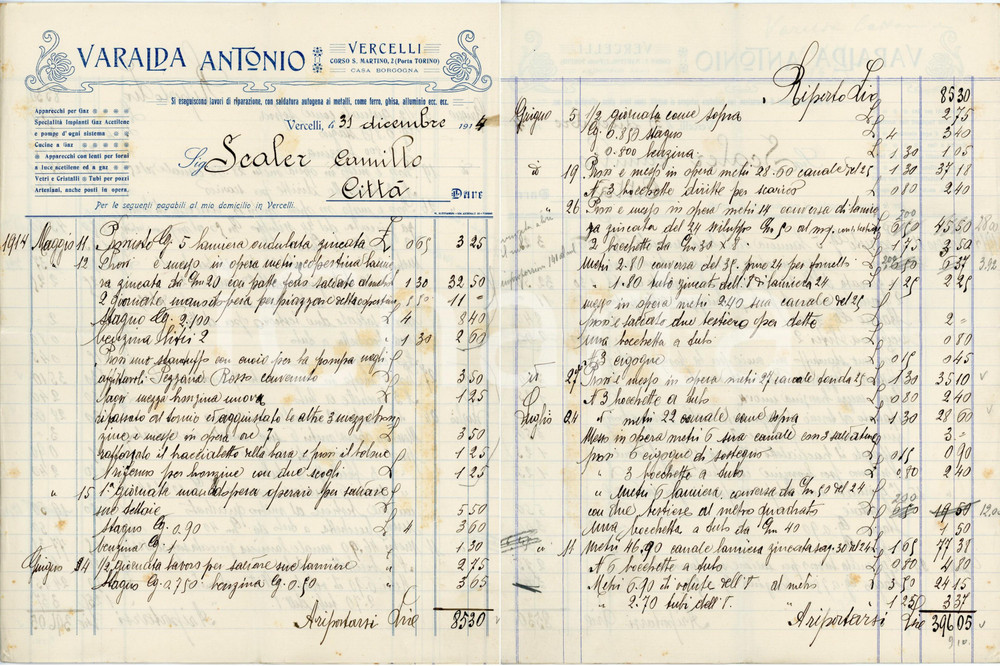 1914 VERCELLI - Antonio VARALDA corso S. Martino 2 - Impianti a gas - Fattura Fattura commerciale d'epoca, manoscritta, su carta intestata illustrata.CONDIZIONI: F (piegature d'epoca, fioriture e macchie diffuse soprattutto lungo la linea di piegatura)PAGINE: 2 (2 facciate scritte)    originale e autentica 1