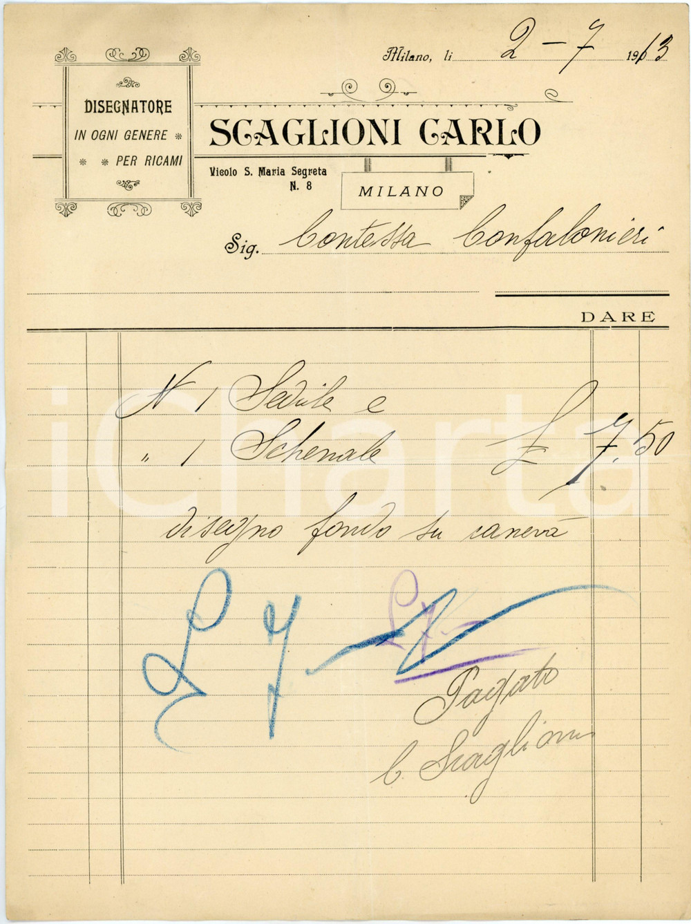 1903 MILANO Carlo SCAGLIONI Disegnatore in ogni genere per ricami - Fattura Fattura commerciale d'epoca,  manoscritta, su carta intestata.CONDIZIONI: FAIR (piegature d'epoca)PAGINE: 1    originale e autentica 1