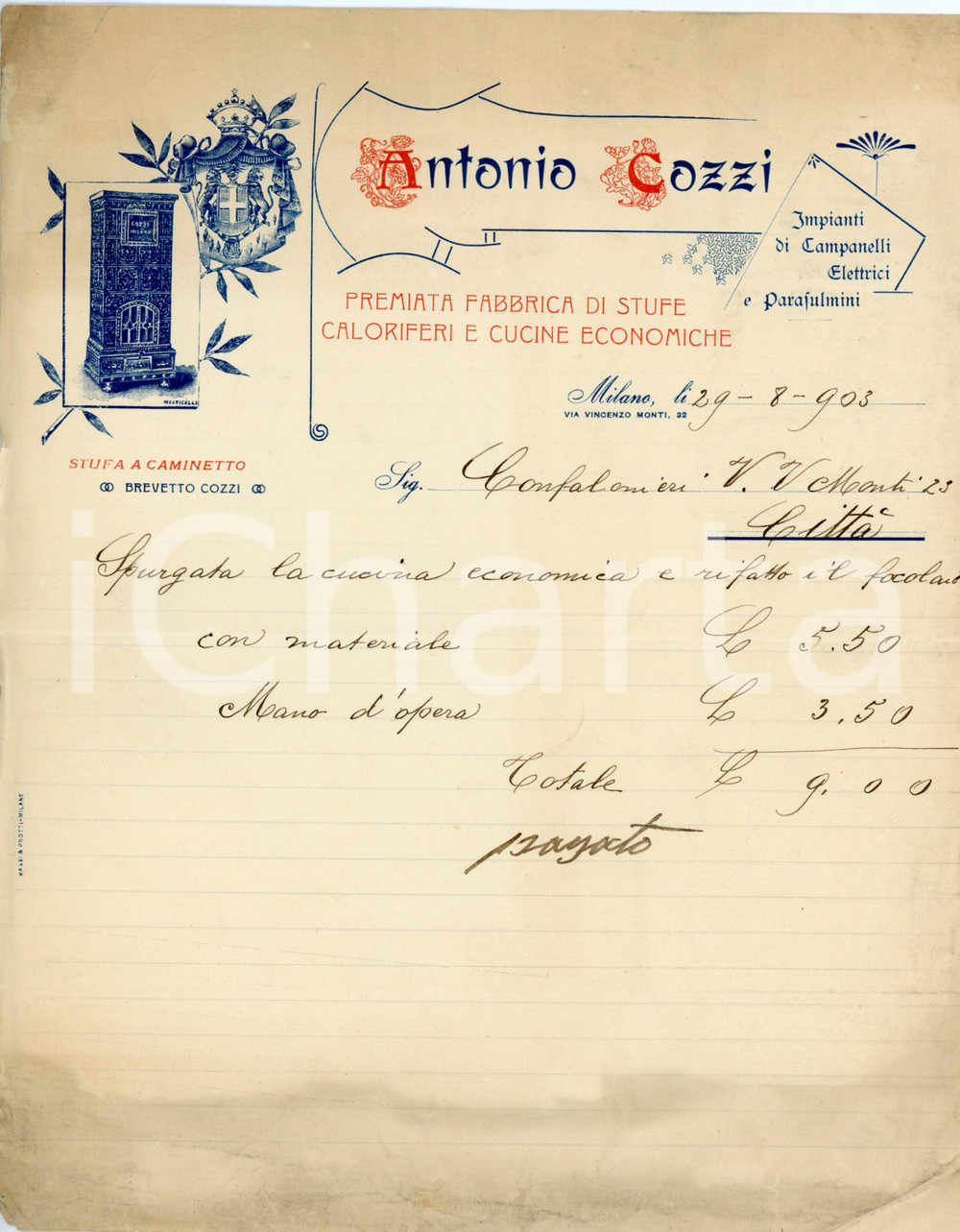 1903 MILANO Antonio COZZI Premiata fabbrica di stufe e cucine economiche Fattura Fattura commerciale d'epoca, manoscritta, su carta intestata illustrata.CONDIZIONI: FAIR (piegature d'epoca, aloni diffusi)PAGINE: 1    originale e autentica 1