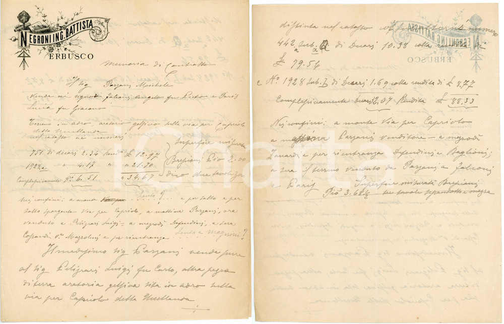 1928 ERBUSCO Ingegner Battista NEGRONI - Memoria di contratto Manoscritto d'epoca, su carta intestata illustrata.CONDIZIONI: FAIR (piegature d'epoca)PAGINE: 1    originale e autentica 1
