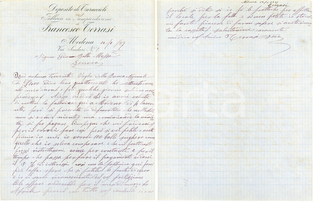 1887 GENOVA - SAMPIERDARENA Francesco TERRASI Deposito turaccioli - Lettera Lettera commerciale d'epoca, manoscritta, su carta intestata.CONDIZIONI: FAIR (piegature d'epoca)PAGINE: 1    originale e autentica 1