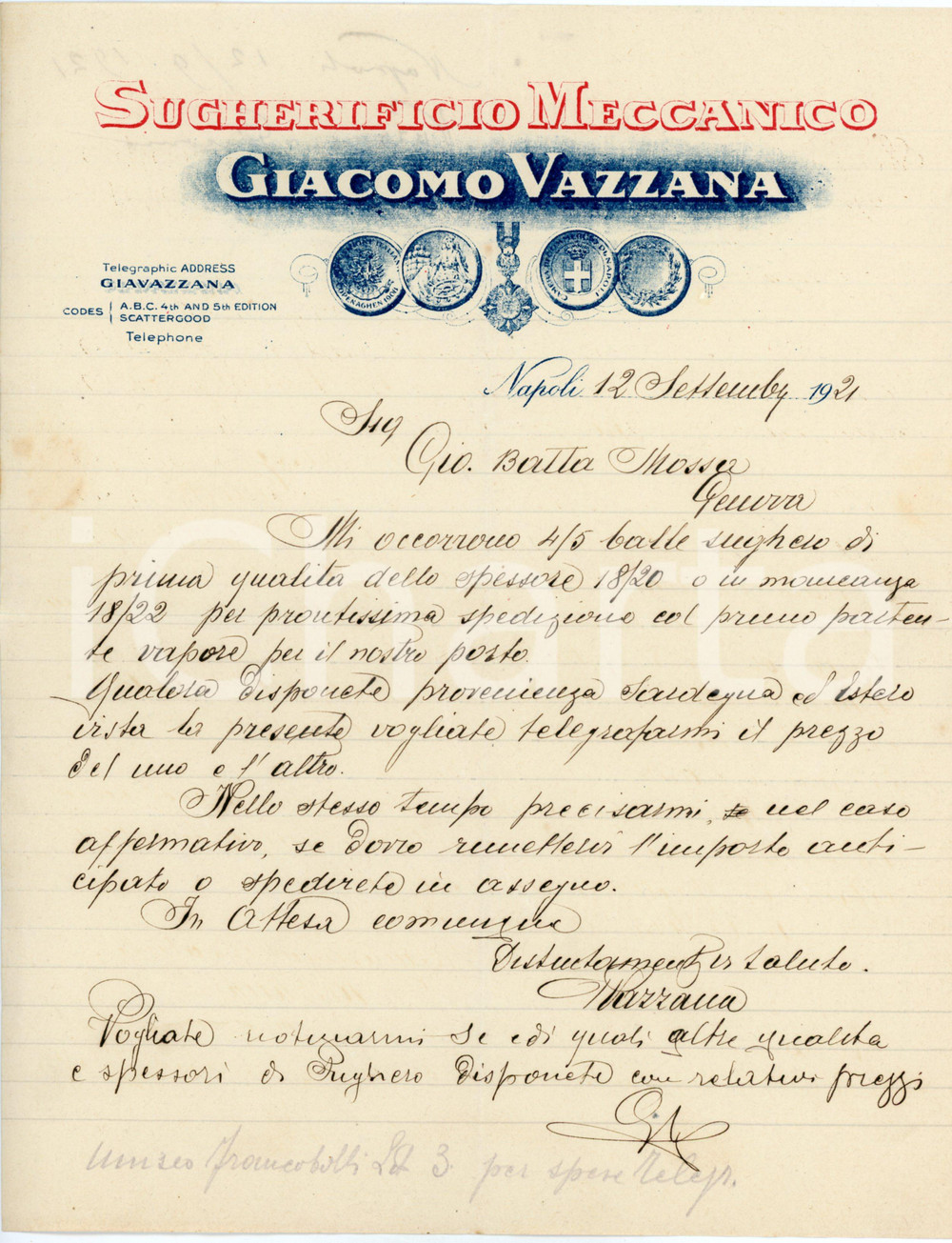 1921 NAPOLI Giacomo VAZZANA Sugherificio meccanico - Lettera commerciale Fattura commerciale d'epoca, manoscritta, su carta intestata.CONDIZIONI: FAIR (piegature d'epoca)PAGINE: 1    originale e autentica 1