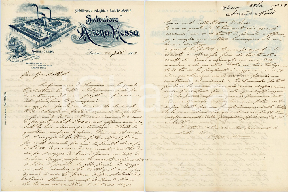 1903 SASSARI SANTA MARIA - Salvatore AZZENA MOSSA - Molini e semole - Lettera Lettera commerciale d'epoca, manoscritta, su carta intestata illustrata.CONDIZIONI: F (piegature d'epoca)PAGINE: 1 (2 facciate scritte)    originale e autentica 1