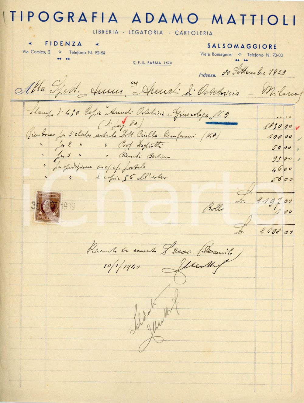 1939 FIDENZA/SALSOMAGGIORE - Adamo MATTIOLI via Corsica 2 - Tipografia - Fattura Fattura commerciale d'epoca, manoscritta, su carta intestata.CONDIZIONI: P (piegature d'epoca, strappi evidenti all'angolo inferiore sinistro e al lato destro)PAGINE: 1    originale e autentica 1