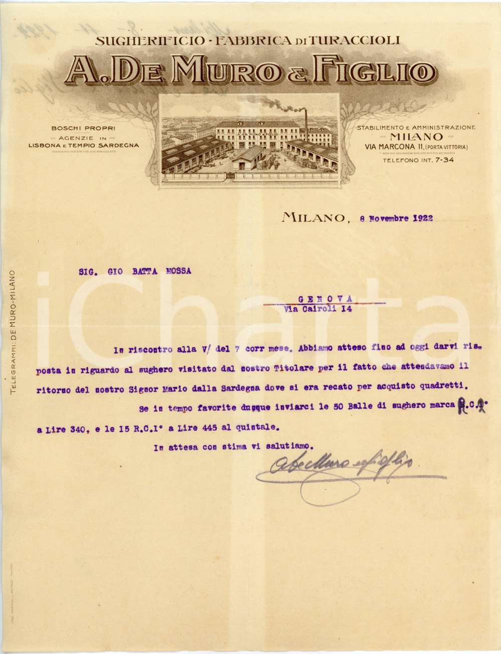 1922 MILANO - A. DE MURO & Figlio - Sugherificio - Lettera commerciale Lettera commerciale d'epoca, dattiloscritta, su carta intestata illustrata.Milano - via Marcona 11 (Porta Vittoria)CONDIZIONI: F (piegature d'epoca)PAGINE: 1    originale e autentica 1