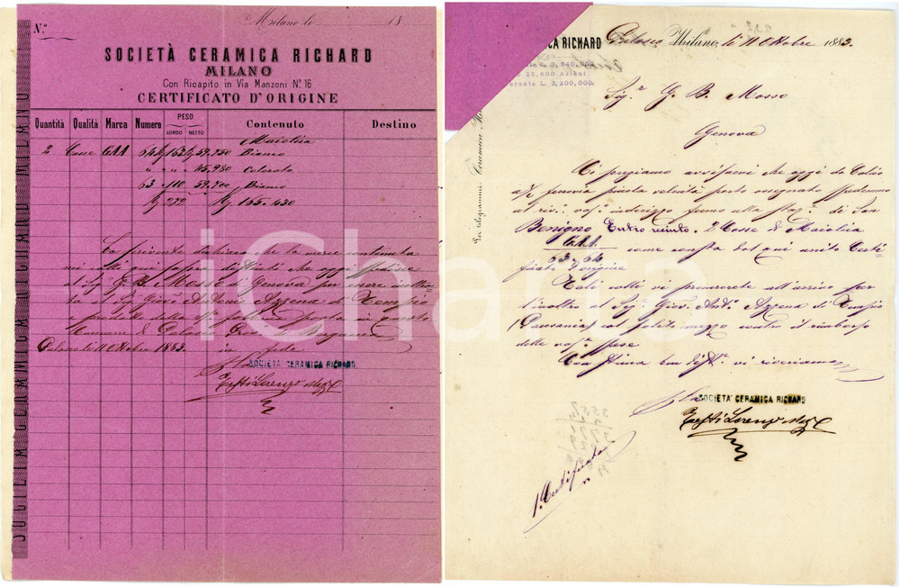 1883 MILANO Società ceramica RICHARD Fattura commerciale per maioliche Lettera commerciale d'epoca, su carta intestata, manoscritta. Con lettera di accompagnamento.CONDIZIONI: FAIR (piegature d'epoca)PAGINE: 1    originale e autentica 1