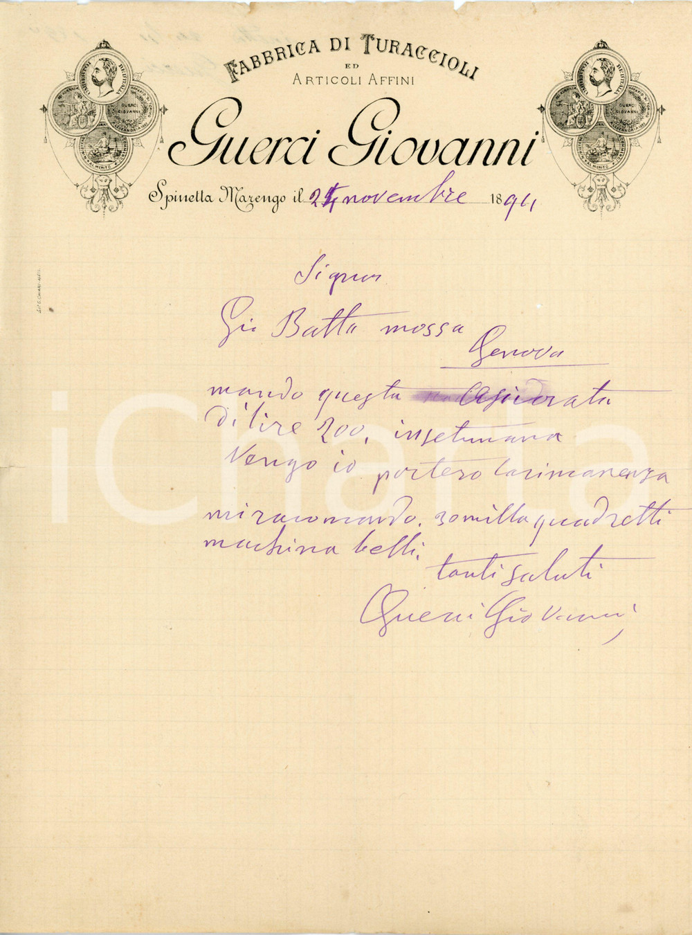 1894 SPINETTA MARENGO/ ALESSANDRIA - G. GUERCI - Fabbrica turaccioli *Lettera Lettera commerciale d'epoca, manoscritta, su carta intestata.CONDIZIONI: P (piegature d'epoca, piccoli strappi al lato superiore e ai lati destro e sinistro, piccoli fori centrali)PAGINE: 1    originale e autentica 1