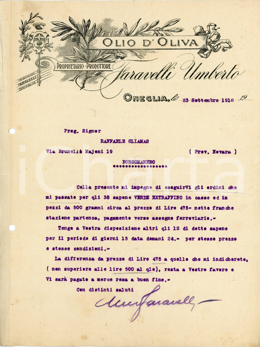 1918 ONEGLIA Umberto FARAVELLI Produttore olio d'oliva - Lettera commerciale Fattura commerciale d'epoca, dattiloscritta, , illustrata, su carta intestata.CONDIZIONI: POOR (piegature d'epoca, fori da classificatore al margine sinistro)PAGINE: 1    originale e autentica 1