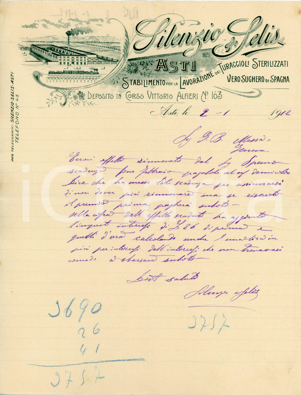 1912 ASTI - SILENZIO & SELIS - Lavorazione turaccioli sterilizzati *Lettera Lettera commerciale d'epoca, manoscritta, su carta intestata illustrata.Asti - corso Vittorio Alfieri n. 103CONDIZIONI: F (piegature d'epoca)PAGINE: 1    originale e autentica 1