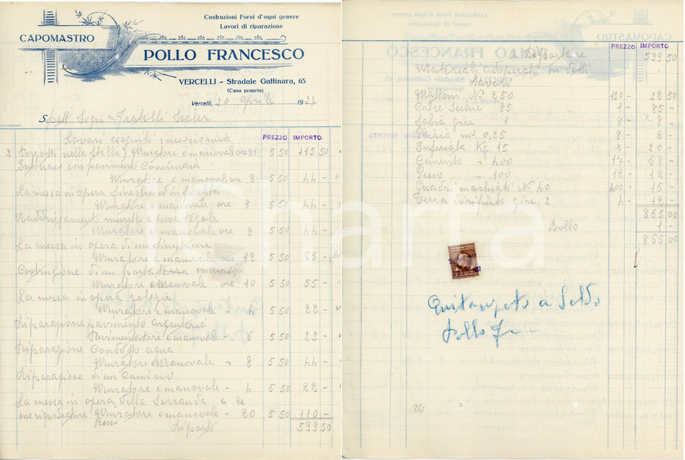 1937 VERCELLI - Francesco POLLO - Capomastro, Costruzioni forni - Fattura Fattura commerciale d'epoca, manoscritta, su carta intestata illustrata.CONDIZIONI: F (piegature d'epoca, piccoli fori al lato superiore e inferiore)PAGINE: 1 (2 facciate scritte)    originale e autentica 1