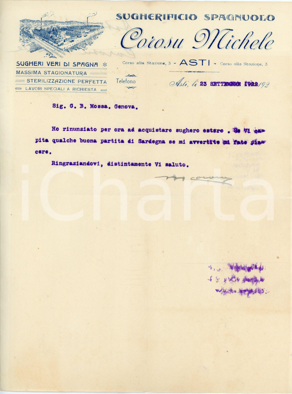 1922 ASTI - Michele COROSU - Sugherificio spagnolo - Lettera commerciale Lettera commerciale d'epoca, dattiloscritta, su carta intestata illustrata.Asti - Corso alla Stazione, 3CONDIZIONI: F (piegature d'epoca, sbavatura dell'inchiostro)PAGINE: 1    originale e autentica 1