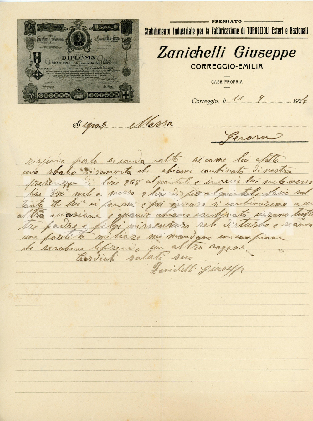 1924 CORREGGIO (RE) - Giuseppe ZANICHELLI - Fabbrica di turaccioli - Lettera Lettera commerciale d'epoca, manoscritta, su carta intestata illustrata.CONDIZIONI: F (piegature d'epoca, lievi fioriture e sbavatura dell'inchiostro)PAGINE: 1    originale e autentica 1