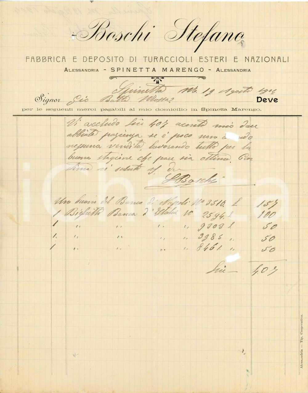 Documento originale, autentico 1904 SPINETTA MARENGO/ALESSANDRIA Stefano BOSCHI - Fabbrica turaccioli *Fattura 1