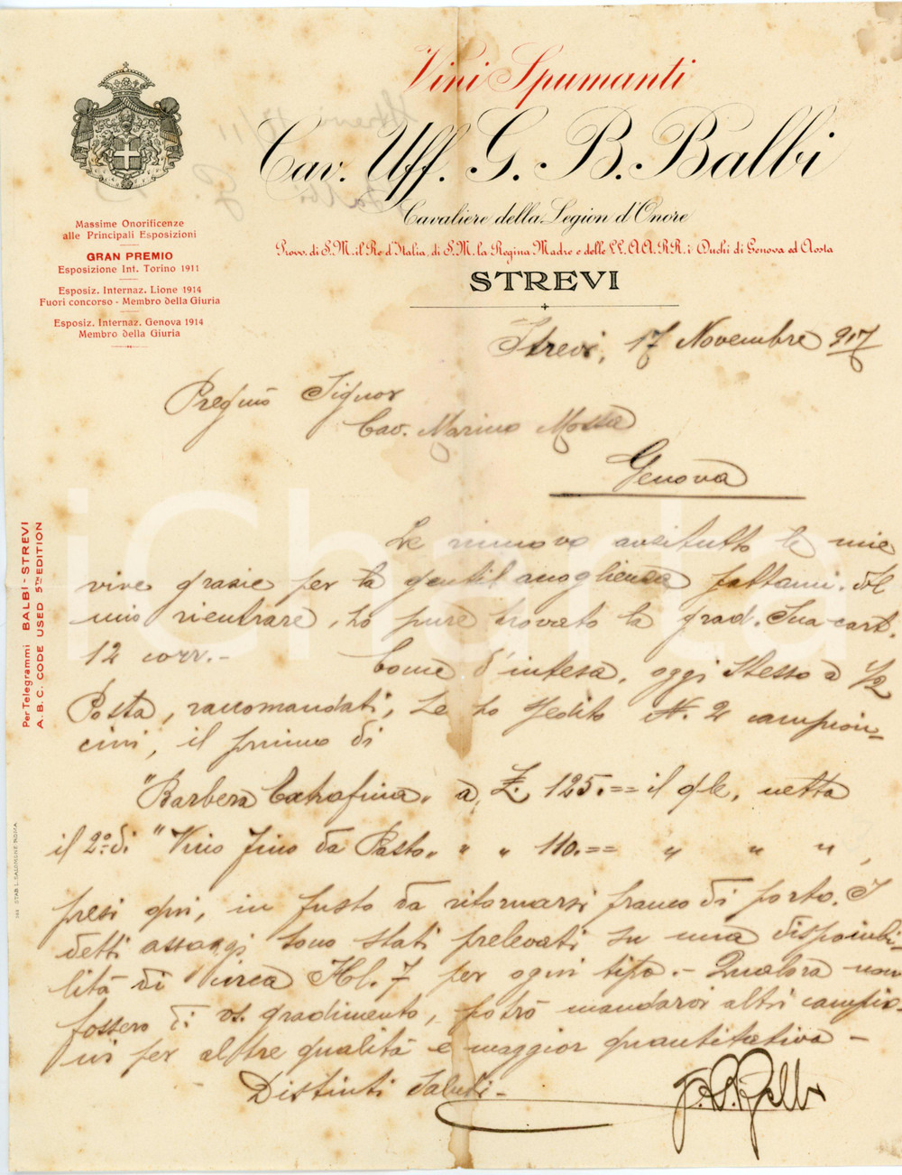 1917 STREVI (AL) - Cav. Uff. G. B. BALBI - Vini e spumanti - Lettera commerciale Lettera commerciale d'epoca, manoscritta, su carta intestata.CONDIZIONI: VP (piegature d'epoca, macchie d'umidit&agrave; diffuse lungo la linea di piegatura, inchiostro sbiadito, fioriture)PAGINE: 1    originale e autentica 1