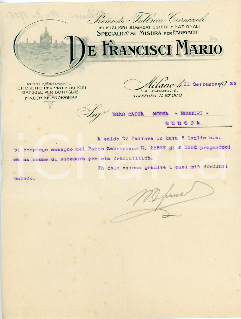 1925 MILANO - Mario DE FRANCISCI - Fabbrica di turaccioli - Lettera commerciale Lettera commerciale d'epoca, dattiloscritta, su carta intestata illustrata.Milano - via Legnano, 12CONDIZIONI: F (piegature d'epoca e piccole fioriture)PAGINE: 1    originale e autentica 1