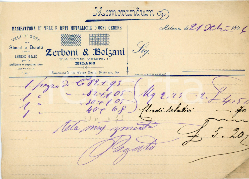 1896 MILANO - ZERBONI & BOLZANI - Manifattura di tele e reti metalliche Memorandum d'epoca, manoscritto, su carta intestata .Milano - via Ponte Vetero, 17CONDIZIONI: F (piegature d'epoca, macchie d'umidit&agrave; al lato destro)PAGINE: 1    originale e autentica 1