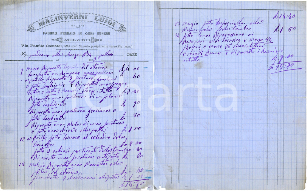 1896 MILANO - Luigi MALINVERNI - Fabbro ferraio - Fattura Fattura commerciale d'epoca, manoscritta , su carta intestata.Milano - via Panfilo Castaldi, 29CONDIZIONI: P (piegature d'epoca, piccolo strappo ai lati sinistro e destro, angolo inferiore destro strappato in parte)PAGINE: 1 (2 facciate)    originale e autentica 1