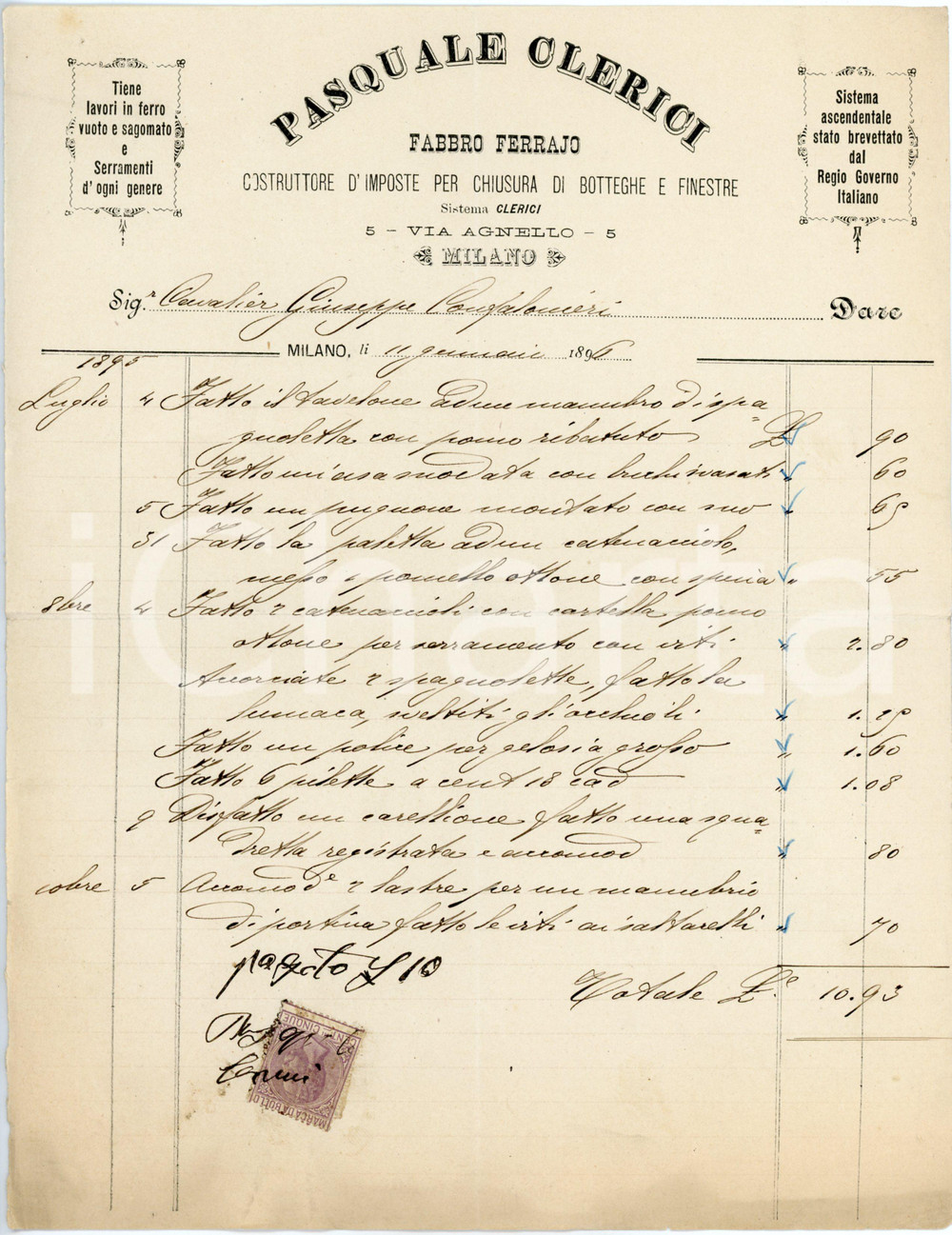 1896 MILANO - Pasquale CLERICI - Fabbro ferraio - Fattura Fattura commerciale d'epoca, manoscritta , su carta intestata.Milano - via Agnello 5Presente marca da bollo.CONDIZIONI: F (piegature d'epoca)PAGINE: 1    originale e autentica 1