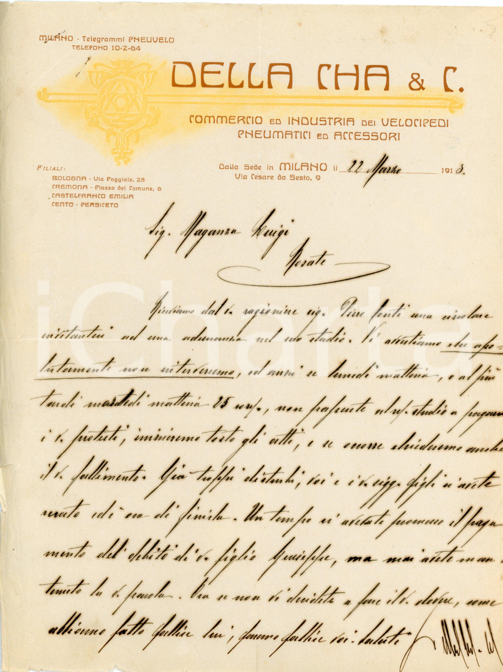 1918 MILANO - DELLA CHA & C. - Industria velocipedi pneumatici - Lettera Lettera commerciale d'epoca, manoscritta, su carta intestata illustrata.Milano - via Cesare da Sesto, 9CONDIZIONI: P (piegature d'epoca, piccoli strappi ai lati)PAGINE: 1    originale e autentica 1