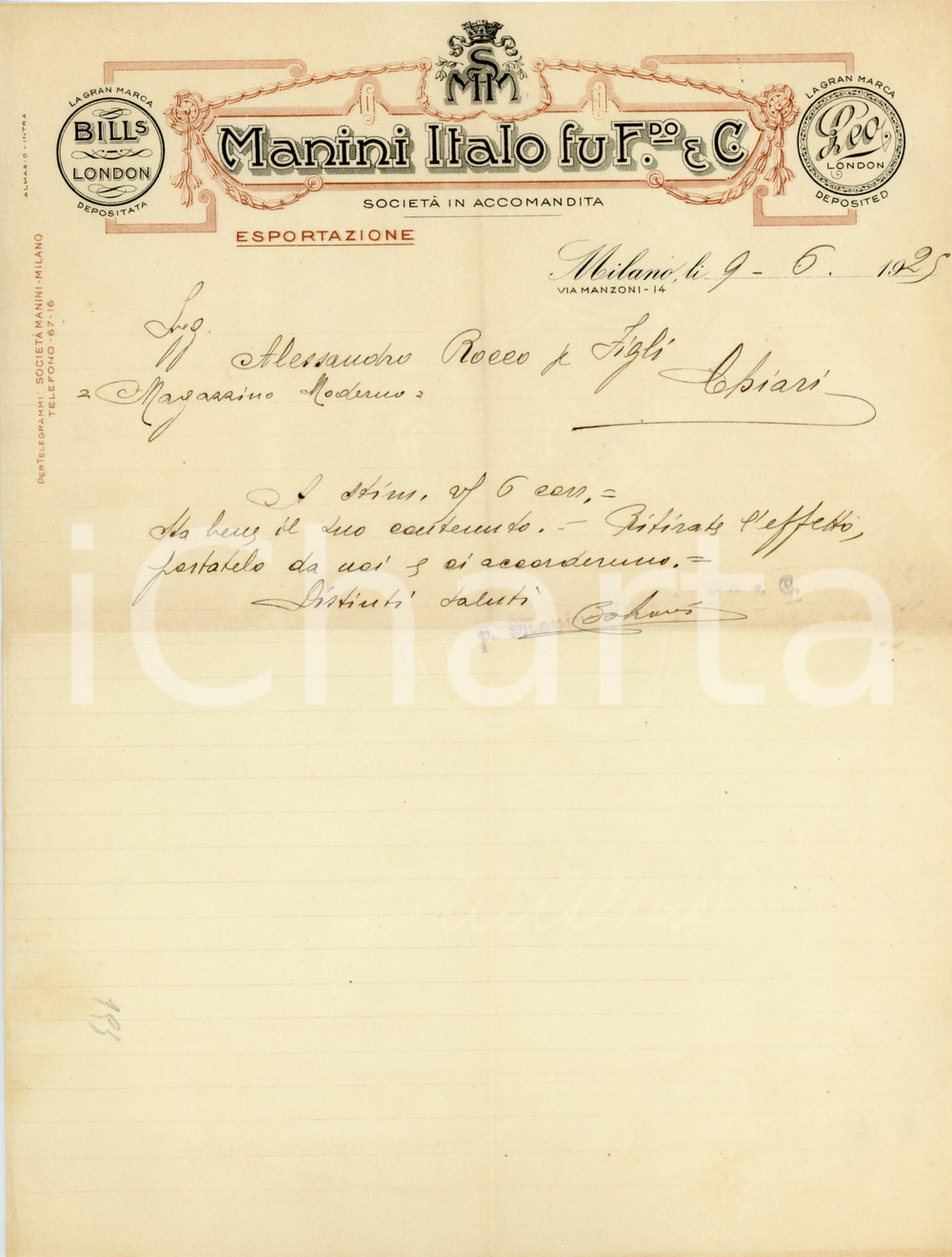 1925 MILANO - Italo MANINI fu F.do e C. - Esportazione - Lettera commerciale Lettera commerciale d'epoca, manoscritta, su carta intestata illustrata.Milano - via Manzoni, 14CONDIZIONI: F (piegature d'epoca)PAGINE: 1    originale e autentica 1