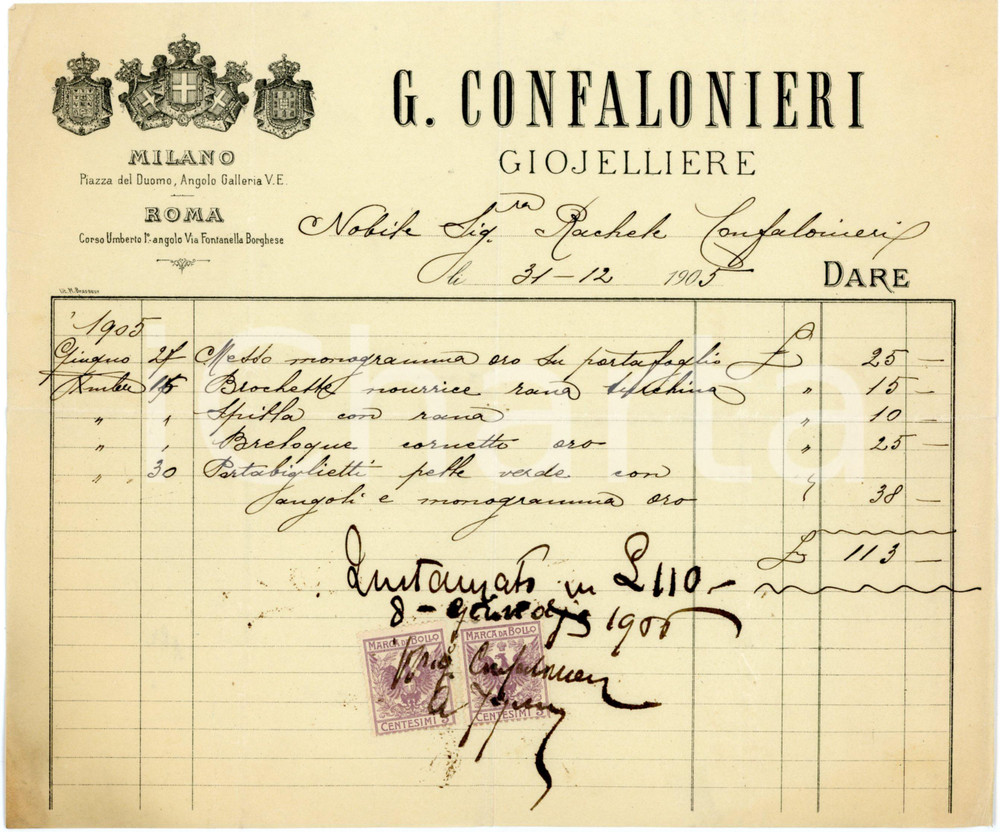 1905 MILANO/ROMA - G. CONFALONIERI - Gioielliere - Fattura Fattura commerciale d'epoca, manoscritta , su carta intestata.Milano - piazza del DuomoRoma - corso Umberto I&deg;Presenti marche da bollo.CONDIZIONI: P (piegature d'epoca, lieve strappo al lato destro e lieve ingiallimento all'angolo inferiore sinistro)PAGINE: 1    originale e autentica 1