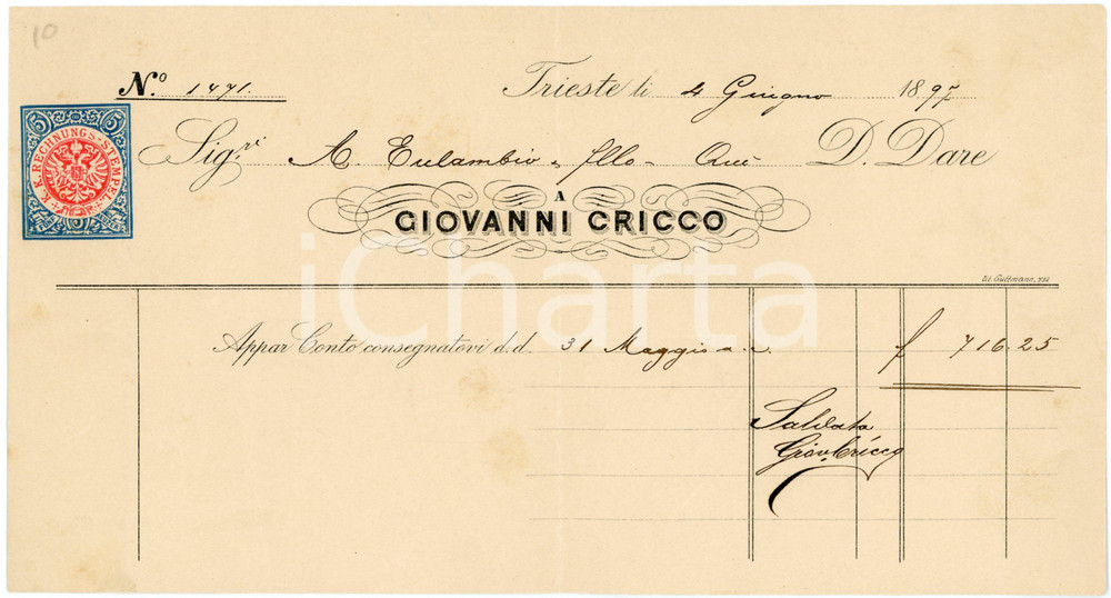 1897 TRIESTE - Giovanni CRICCO - K.K Rechnungs Stempel - Fattura Fattura commerciale d'epoca, manoscritta, su carta intestata illustrata.CONDIZIONI: F (piegature d'epoca)PAGINE: 1    originale e autentica 1