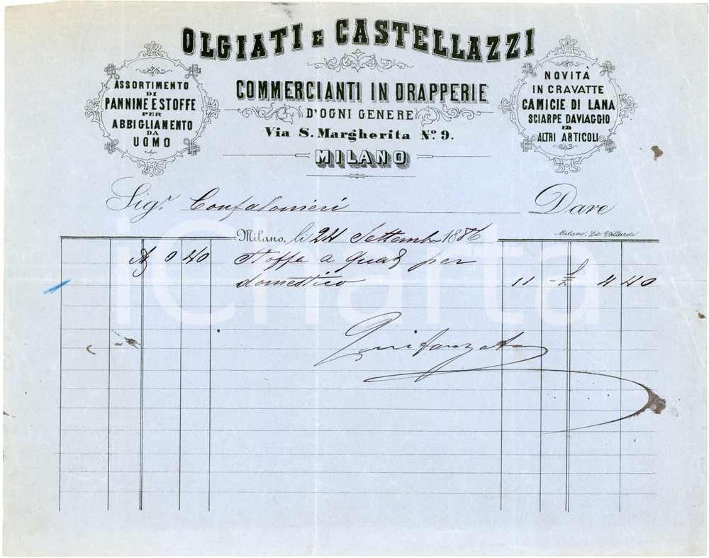 1886 MILANO - OLGIATI e CASTELLAZZI - Commercianti in drapperie - Fattura Fattura commerciale d'epoca, manoscritta, su carta intestata.Milano - via S. Margherita n. 9CONDIZIONI: F (piegature d'epoca e piccolo strappo al lato superiore lungo la linea di piegatura)PAGINE: 1    originale e autentica 1