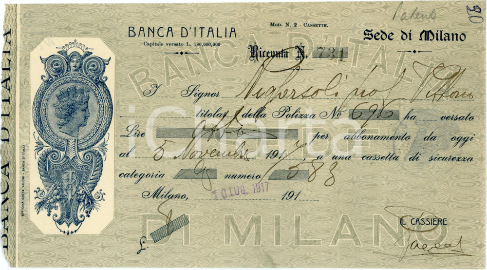 1917 MILANO - Banca d'Italia - Abbonamento cassetta di sicurezza - Ricevuta Ricevuta commerciale d'epoca, a stampa con inserti manoscritti, su carta intestata.CONDIZIONI: FPAGINE: 1    originale e autentica 1