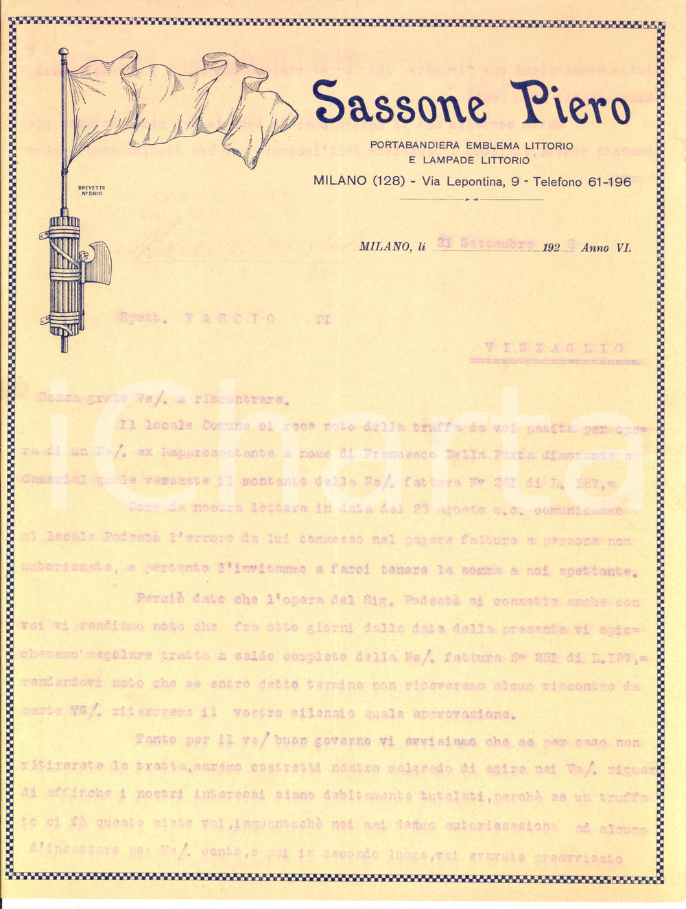 1928 MILANO - Piero SASSONE - Portabandiera emblema littorio - Lettera Lettera commerciale d'epoca, dattiloscritta, su carta intestata illustrata.Milano - via Lepontina, 9CONDIZIONI: F (piegature d'epoca)PAGINE: 1(2 facciate scritte)    originale e autentica 1